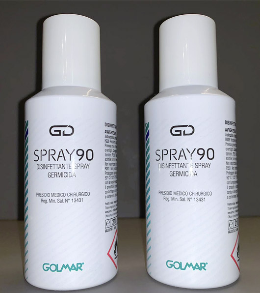 Due flaconcini di Spray antibatterico concentrato GD90. Utile contro coronavirus COVID19. Uno dei prodotti disponibili sull'ecommerce di Orthocare Solution